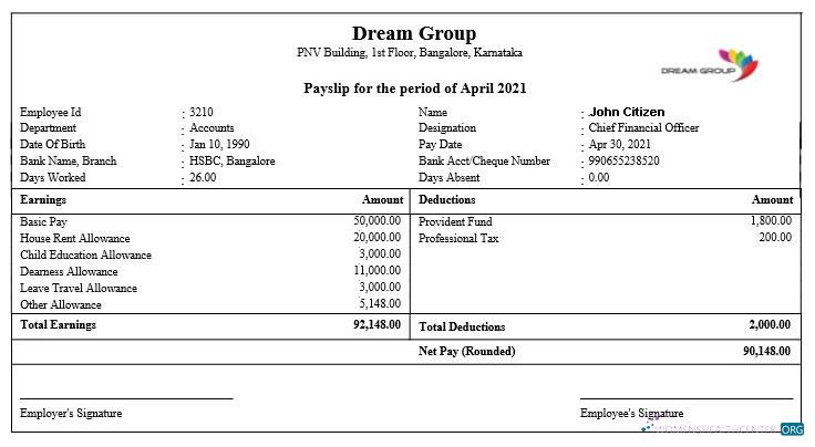 Download INDIA DREAM group payslip in Word and PDF formats Photoshop template